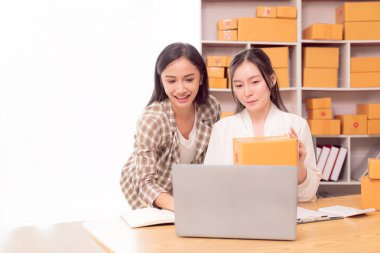 Küçük işletme girişimi, KME sahibi, çevrimiçi siparişleri kontrol eden Asyalı kadın, evde ürün satmak, kutular ve dizüstü bilgisayarlarla çalışmak, serbest çalışan