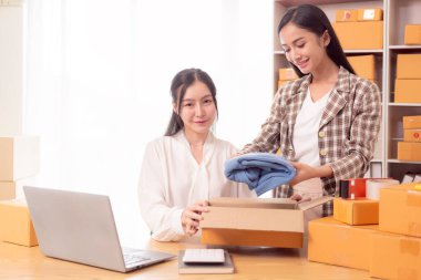 Küçük işletme girişimi, KME sahibi, çevrimiçi siparişleri kontrol eden Asyalı kadın, evde ürün satmak, kutular ve dizüstü bilgisayarlarla çalışmak, serbest çalışan