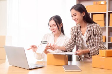 Küçük işletme girişimi, KME sahibi, çevrimiçi siparişleri kontrol eden Asyalı kadın, evde ürün satmak, kutular ve dizüstü bilgisayarlarla çalışmak, serbest çalışan