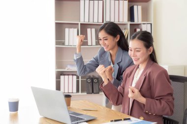 İki genç iş kadını online iş dünyasında başarılı oldukları için mutlular. Dizüstü bilgisayarlar üzerinde çalışıyorlar. Pazarlama planında belirlenen satış hedeflerinden memnunlar..