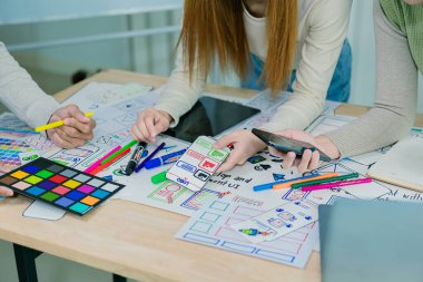 Uygulama geliştirme UI UX web tasarım ekibi UI UX ön uç tasarım örnekleriyle mobil yanıt veren bir web sitesi geliştirmek için birlikte çalışıyor,