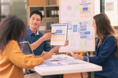 Web sitesi ve mobil uygulama prototipleri ve Mobil Uygulama Tasarım Fikirleri için UX / UI tasarım ekibi tartışması ve beyin fırtınası düzeni.