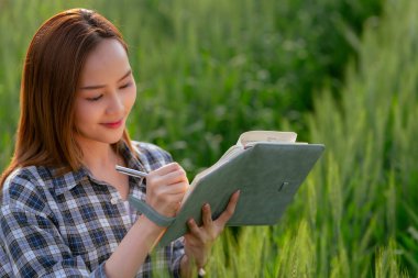 Asyalı çiftçi buğday tarlasında defter tutuyor pirinç tarlasında çalışıyor tarım ve hasat kavramı