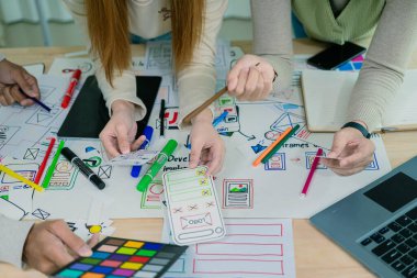 UX / UI tasarımcıları web sitesi ve mobil uygulama prototipleri ve uygulama tasarım fikirleri için beyin fırtınası düzenlerini tartışıp tartışırlar. Yakın plan..