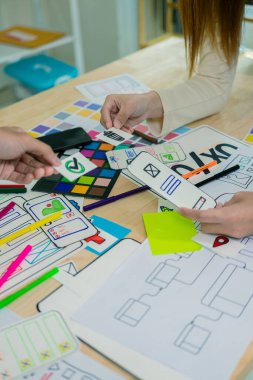 UX / UI tasarımcıları web sitesi ve mobil uygulama prototipleri ve uygulama tasarım fikirleri için beyin fırtınası düzenlerini tartışıp tartışırlar. Yakın plan..
