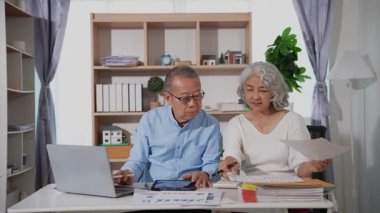 Emekli Asyalı yaşlı çift mali belgelerle ilgili mali hesaplamalar yapıyor ve inceliyor. Bilgisayarla vergilerini öde