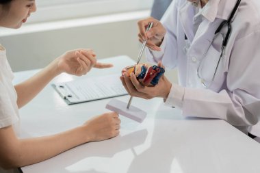 Bir kardiyolog, hastane masasındaki bir hastaya kalp hastalığı hakkında bir şeyler açıklamak için kalp modeli kullanır..