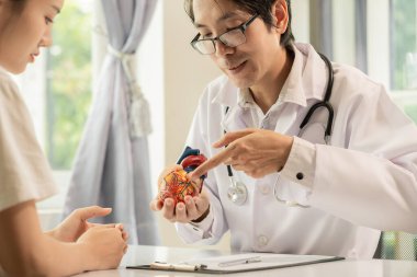 Bir kardiyolog, hastane masasındaki bir hastaya kalp hastalığı hakkında bir şeyler açıklamak için kalp modeli kullanır..