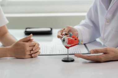 Glukoma, Katarakt, Retina Erkek Göz Hastalıkları Uzmanı, bir hastane muayene odasındaki muayene masasındaki Asyalı bir kadın hastaya göz modeli kullanarak göz hastalığını açıklıyor..