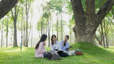 Bir grup Asyalı kız öğrenci akademik içeriği araştırmayı tartışıyor, tabletleri kullanıyor, parktaki bir ağacın altındaki not defterlerine not alıyorlar..