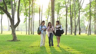 Bir grup Asyalı kız öğrenci akademik içeriği araştırmayı tartışıyor, tabletleri kullanıyor, parktaki bir ağacın altındaki not defterlerine not alıyorlar..