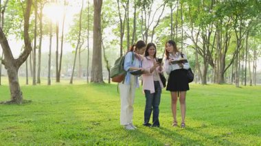 Bir grup Asyalı kız öğrenci akademik içeriği araştırmayı tartışıyor, tabletleri kullanıyor, parktaki bir ağacın altındaki not defterlerine not alıyorlar..