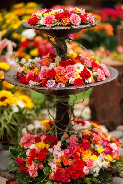 Roses of multiple colors and shapes, fountain full of colored roses