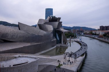 Bilbao, İspanya, 12 Temmuz 2024 - Bilbao 'daki Guggenheim Müzesi yansıtıcı titanyum yüzeyleriyle gün ışığını yakalar. Nehir kıyısında yer alan müzenin avant-garde mimarisi güneşin altında parlıyor ve Frank Gehry 'nin vizyon sahibi tasarımını sergiliyor.