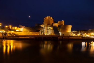 Bilbao, İspanya, 12 Temmuz 2024 - Bilbao 'daki Guggenheim Müzesi gece gökyüzünün altında ışıl ışıl parlıyor..