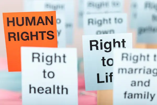 stock image A horizontal image of human rights signs in light blue and red, displayed on a pristine white surface. Highlights key human rights messages