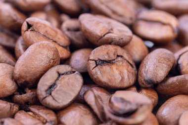 Yansıtıcı yüzeyde kahve çekirdeklerinin detaylı görüntüsü, beyaz arka planda.