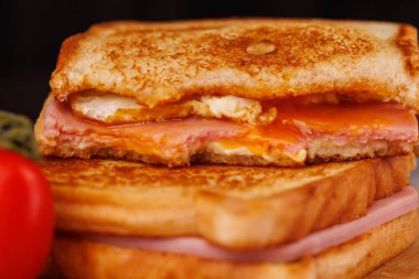 Lezzetli bir peynir ve jambonlu sandviç, kiraz domatesli, kırmızı kareli peçeteyle güzelce yerleştirilmiş.