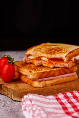 Çeri domatesli peynirli jambonlu sandviç ve kırmızı kareli peçeteyle sunulmuş nefis bir karışım.