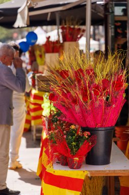 Barselona-İspanya, 23 Nisan 2025. İnsanlar Barselona 'daki Sant Jordi hakkında gül ve kitap alırken neşeli sahneler.