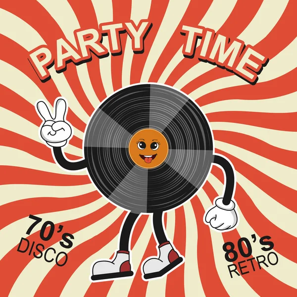 Funny Characters Cartoon Vinyl Record Poster Retro Style Disco 70S — Stock Vector
