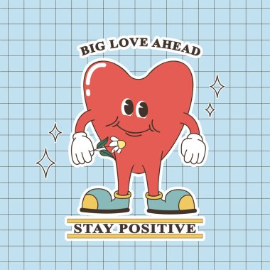 Retro poster, çiçekli mutlu kalp. İleride büyük bir aşk. Vektör sanatı illüstrasyonu.