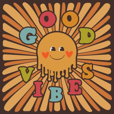 Renkli arka planda izole edilmiş çarpık gülümseme emojisi. Slogan, iyi titreşimler. Vektör illüstrasyonu.