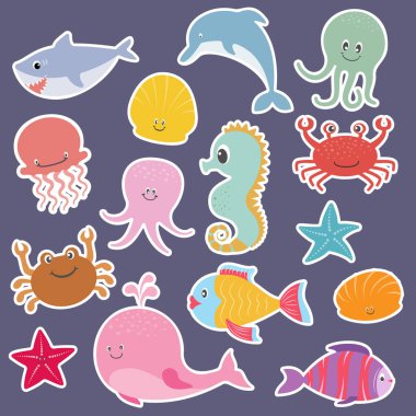 Büyük çizgi film karakterleri, deniz hayvanları. Okyanus canlılarını ve balıkları toplayın. Vektör illüstrasyonu.