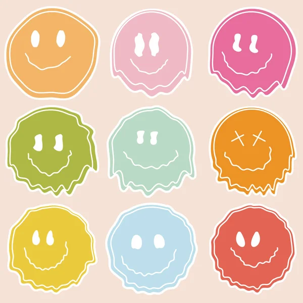 Big Set Distorted Melting Colored Smiley Emoticons Cartoon Funny Characters — Stock Vector