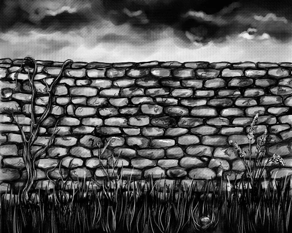 Ilustración Blanco Negro Muro Piedra — Foto de Stock