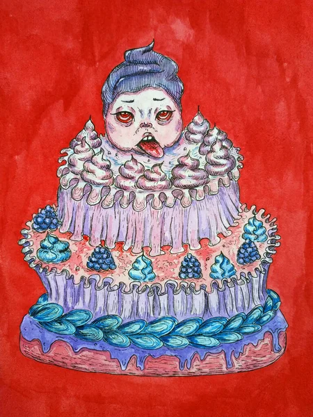 cake with a face. Hand drawn illustration.