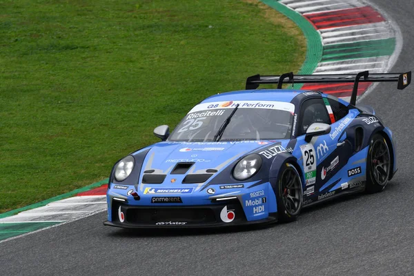 stock image Mugello Circuit, Italy - October 21, 2022: Porsche 992 GT3 Cup in action during qualifying session of Porsche Carrera Cup Italia Championship