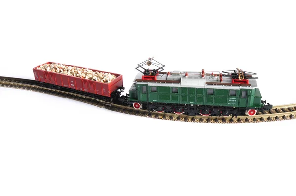 Modelo Locomotiva Elétrica Com Vagões Isolados Branco — Fotografia de Stock