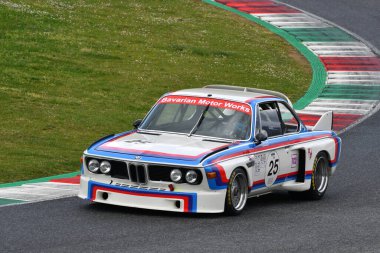 Scarperia, 3 April 2022: BMW 3.0 CSL 1975 driven by unknown in action during Mugello Classic 2022 at Mugello Circuit in Italy.