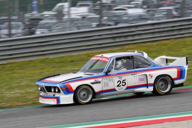 Scarperia, 3 April 2022: BMW 3.0 CSL 1975 driven by unknown in action during Mugello Classic 2022 at Mugello Circuit in Italy.