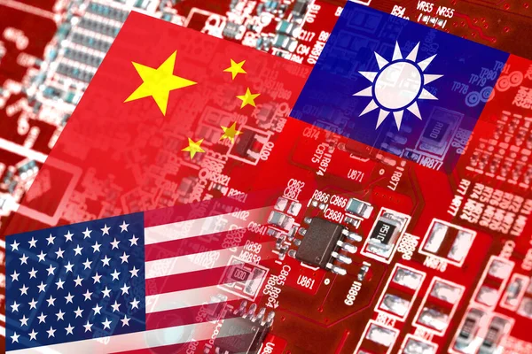 Flag of the Republic of China, Taiwan and the United States on microchips of a printed electronic card. Concept for world supremacy in microchip and semiconductor manufacturing.