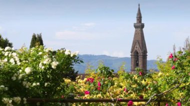 Bell tower of the Basilica of Santa Croce in Florence seen from the Rose Garden near Michelangelo square. Italy