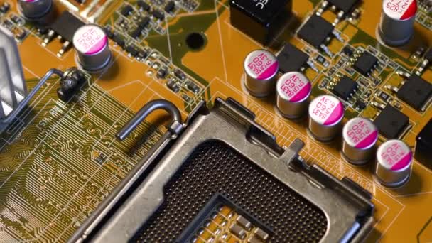 Close Cpu Socket Modern Motherboard Electronic Components Tech Backgrounds Electronics — Vídeo de Stock