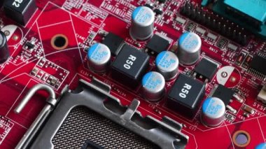 Detail of electronic components on modern PC Motherboard. Computer Motherboard with Components.