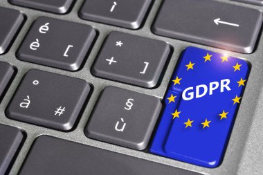 EU flag on computer keyboard button, The European flag which symbolizes both the European Union and the unity and identity of Europe in general. 3d effect