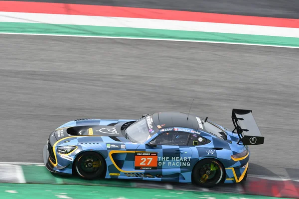 stock image Scarperia, 23 March 2023: Mercedes-AMG GT3 of Team Heart of Racing by SPS driven by Ian James-Gray Newell-Roman De Angelis in action during 12h Hankook Race at Mugello Circuit in Italy.