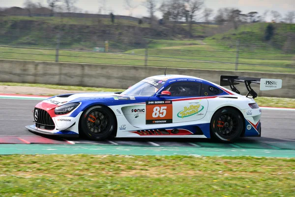 stock image Scarperia, 23 March 2023: Mercedes-AMG GT3 of Team CP Racing driven by Charles Putman-Charles Espenlaub-Shane Lewis in action during 12h Hankook Race at Mugello Circuit in Italy.