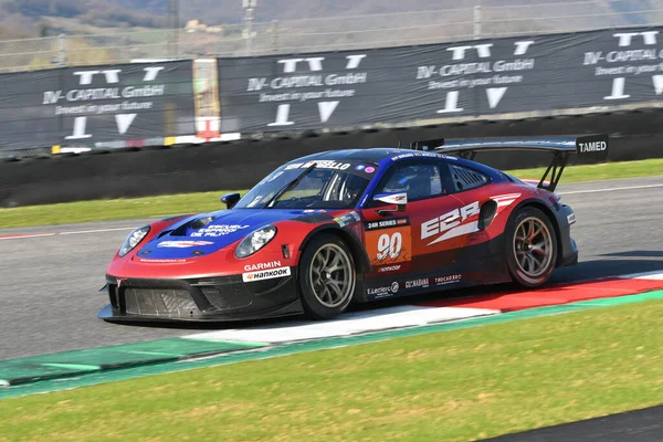 stock image Scarperia, 23 March 2023: Porsche 911 GT3 R 991 II of Team E2P Racing driven by Pablo Burguera-Antonio Sainero-Javier Morcillo in action during 12h Hankook Race at Mugello Circuit in Italy.