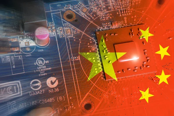 Bandiera Della Repubblica Cina Sul Nucleo Processore Circuito Elettronico Stampato — Foto Stock