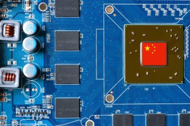 China flag on a processor, central processing unit CPU or GPU microchip on a motherboard or graphic card. Concept for the battle of global microchips production between China, Taiwan, Korea and USA.