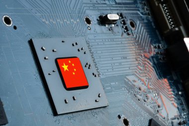 China flag on a processor, central processing unit CPU or GPU microchip on a motherboard or graphic card. Concept for the battle of global microchips production between China, Taiwan, Korea and USA. clipart