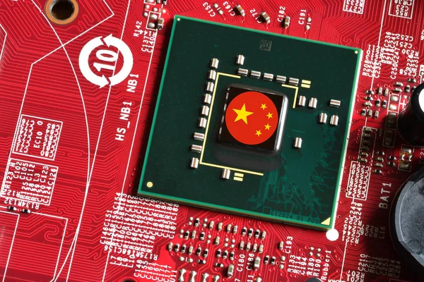 China flag on a processor, central processing unit CPU or GPU microchip on a motherboard or graphic card. Concept for the battle of global microchips production between China, Taiwan, Korea and USA.