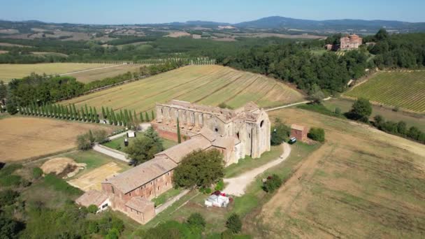 Italy September 2023 Circular Aerial View Abbey San Galgano Tuscany — Stock Video