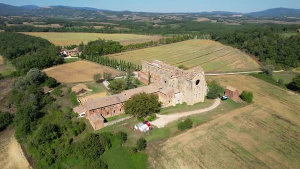 Itália Setembro 2023 Vista Aérea Circular Abadia San Galgano Toscana — Vídeo de Stock