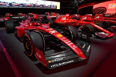 Scarperia, Mugello - 28 October 2023: Ferrari F1-75 of Charles Leclerc and Carlos Sainz on display during Ferrari World Finals 2023 at Mugello Circuit in Italy. clipart